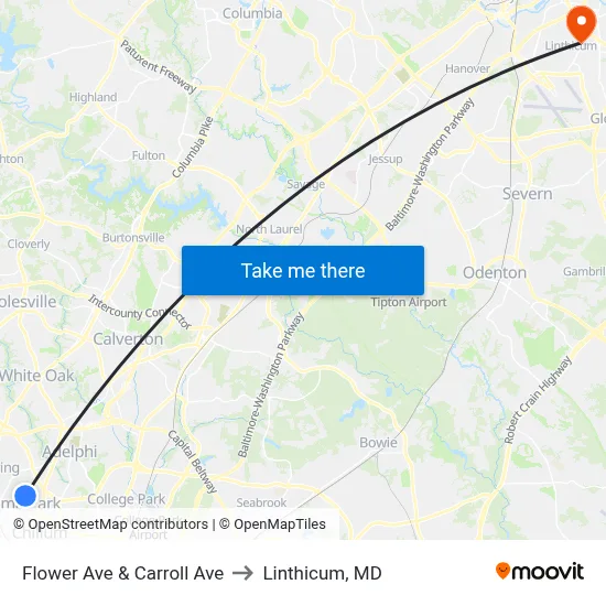 Flower Ave & Carroll Ave to Linthicum, MD map