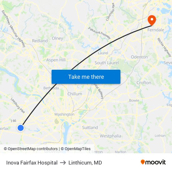 Inova Fairfax Hospital to Linthicum, MD map