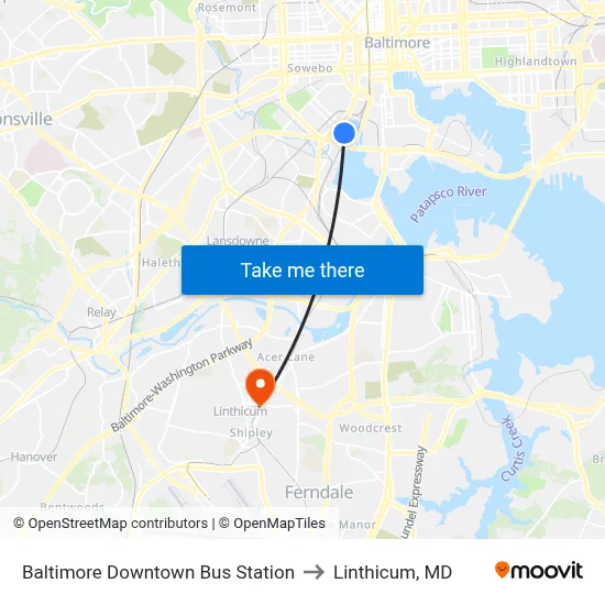 Baltimore Downtown Bus Station to Linthicum, MD map