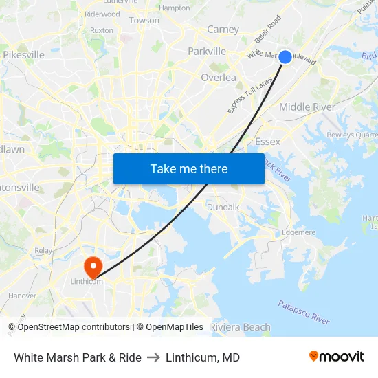 White Marsh Park & Ride to Linthicum, MD map