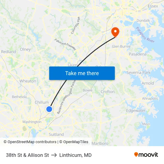 38th St & Allison St to Linthicum, MD map