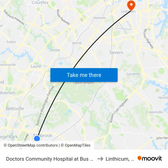 Doctors Community Hospital at Bus Shelter to Linthicum, MD map