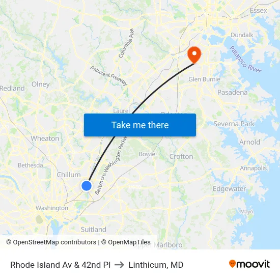 Rhode Island Av & 42nd Pl to Linthicum, MD map
