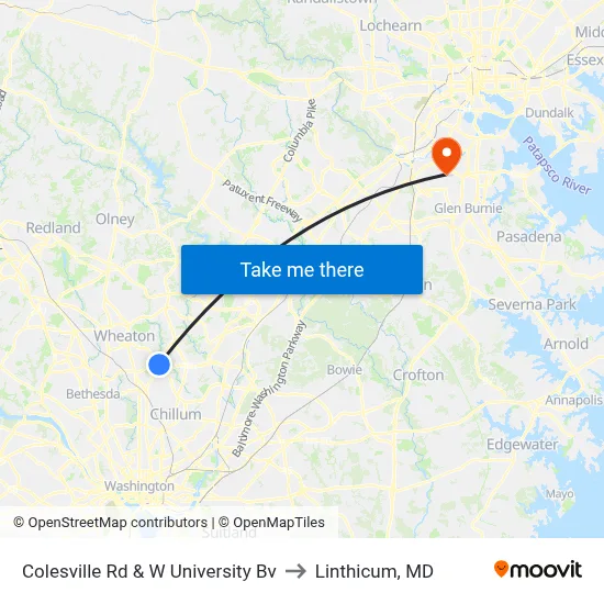 Colesville Rd & W University Bv to Linthicum, MD map