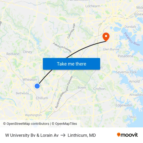 W University Bv & Lorain Av to Linthicum, MD map