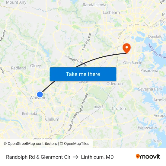 Randolph Rd & Glenmont Cir to Linthicum, MD map