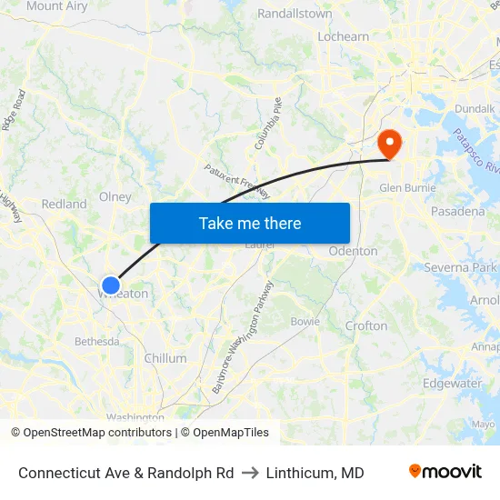 Connecticut Ave & Randolph Rd to Linthicum, MD map