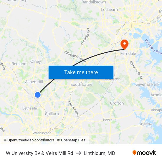 W University Bv & Veirs Mill Rd to Linthicum, MD map