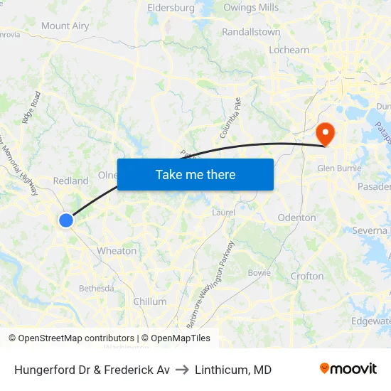 Hungerford Dr & Frederick Av to Linthicum, MD map