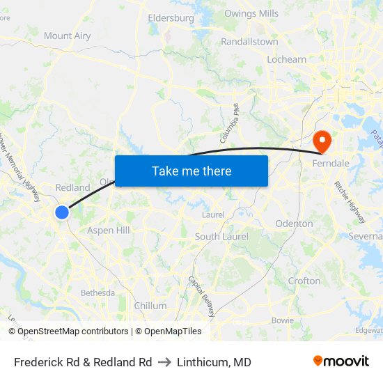 Frederick Rd & Redland  Rd to Linthicum, MD map