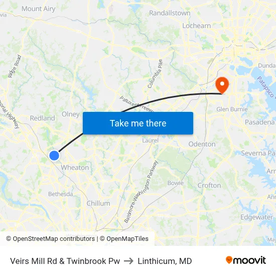 Veirs Mill Rd & Twinbrook Pw to Linthicum, MD map
