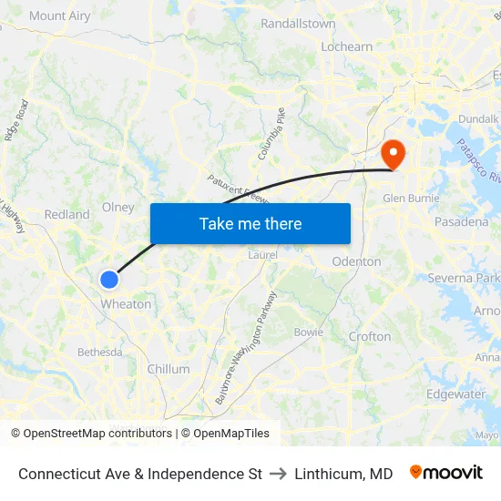 Connecticut Ave & Independence St to Linthicum, MD map