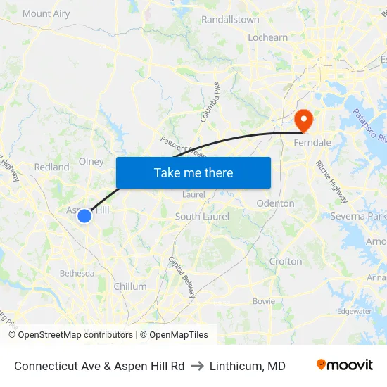 Connecticut Ave & Aspen Hill Rd to Linthicum, MD map