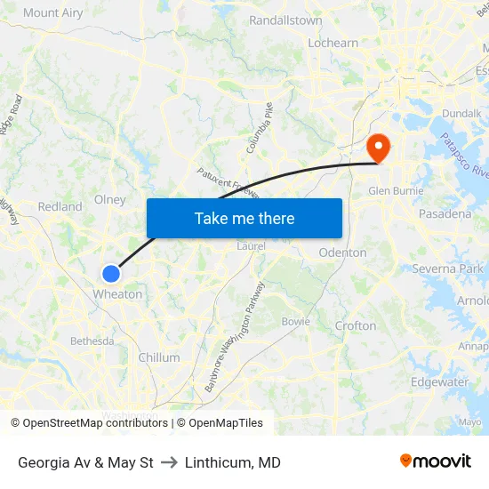 Georgia Av & May St to Linthicum, MD map