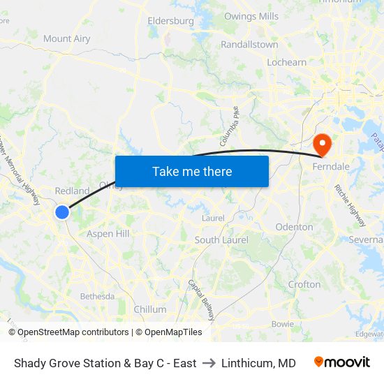 Shady Grove Station & Bay C - East to Linthicum, MD map