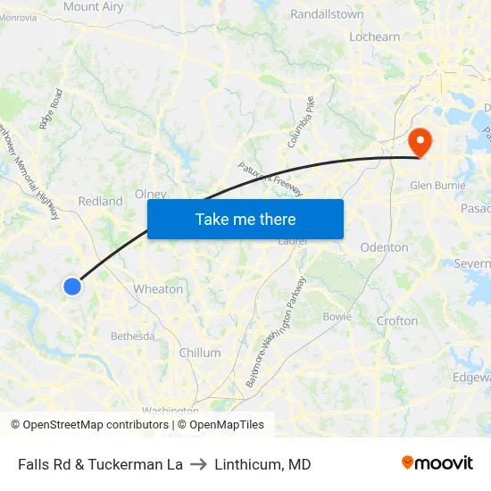 Falls Rd & Tuckerman La to Linthicum, MD map