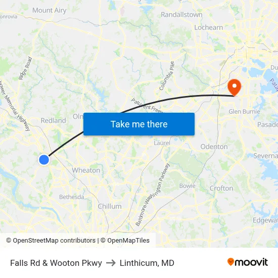 Falls Rd & Wooton Pkwy to Linthicum, MD map