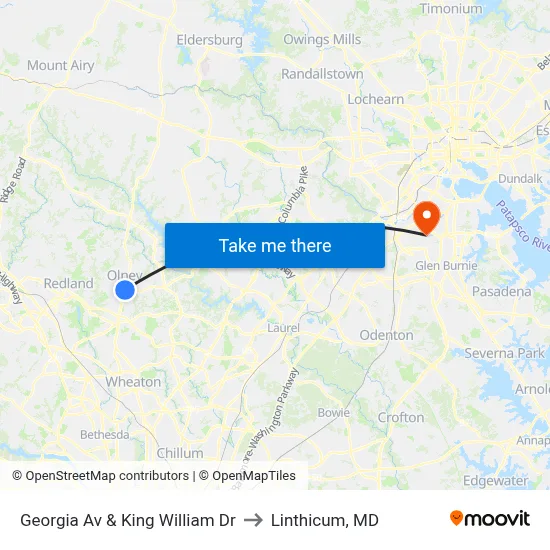 Georgia Av & King William Dr to Linthicum, MD map