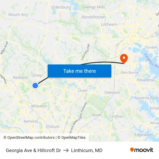 Georgia Ave & Hillcroft Dr to Linthicum, MD map