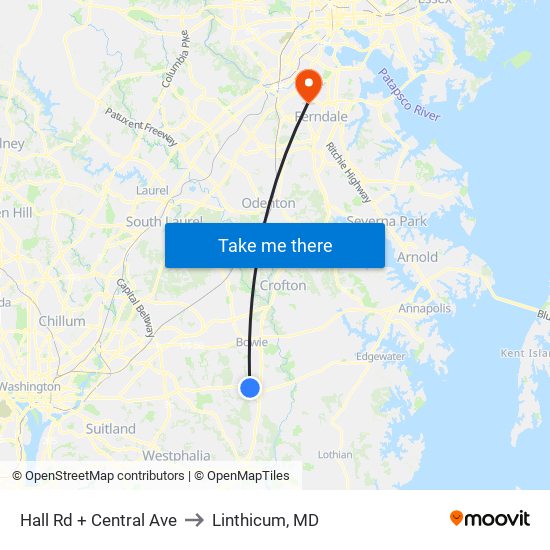 Hall Rd+Central Av to Linthicum, MD map