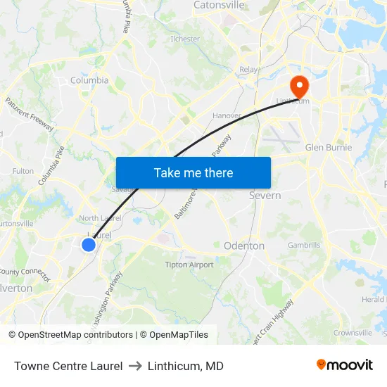 Towne Centre Laurel to Linthicum, MD map