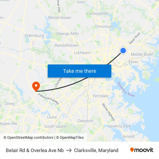 Belair Rd & Overlea Ave Nb to Clarksville, Maryland map