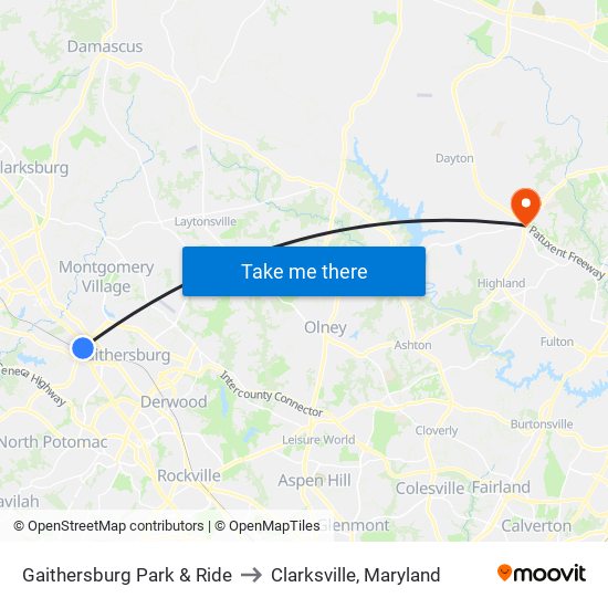 Gaithersburg Park & Ride to Clarksville, Maryland map