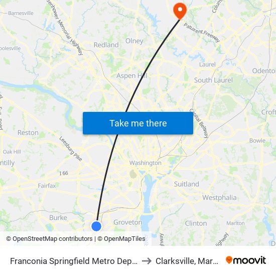 Franconia Springfield Metro Departures to Clarksville, Maryland map