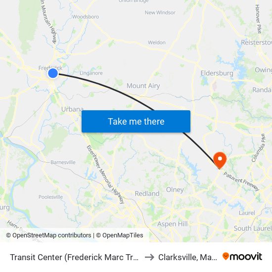 Transit Center (Frederick Marc Train Station) to Clarksville, Maryland map