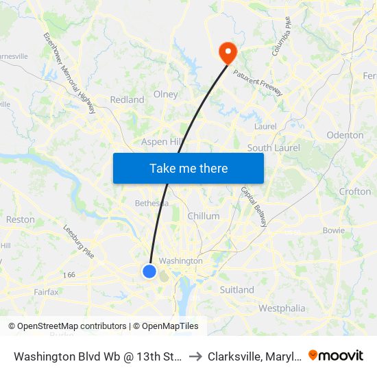 Washington Blvd Wb @ 13th St N Ns to Clarksville, Maryland map