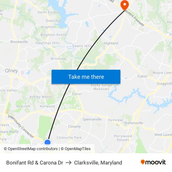 Bonifant Rd & Carona Dr to Clarksville, Maryland map