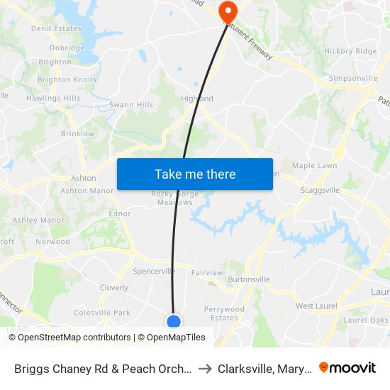 Briggs Chaney Rd & Peach Orchard Rd to Clarksville, Maryland map