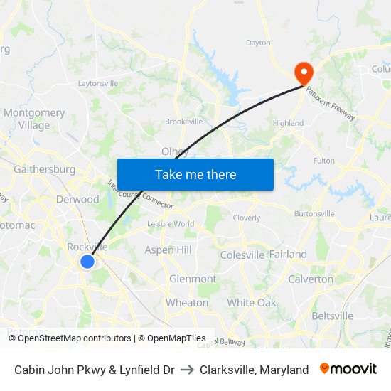 Cabin John Pkwy & Lynfield Dr to Clarksville, Maryland map