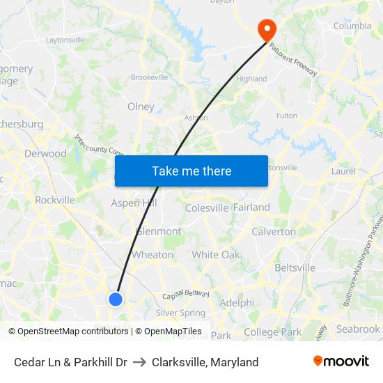 Cedar Ln & Parkhill Dr to Clarksville, Maryland map