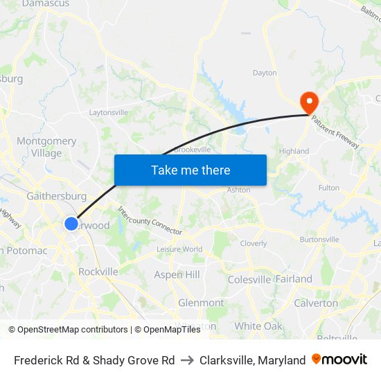 Frederick Rd & Shady Grove Rd to Clarksville, Maryland map