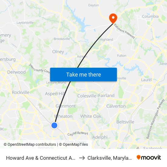 Howard Ave & Connecticut Ave to Clarksville, Maryland map