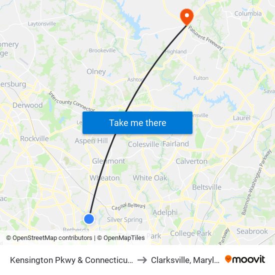 Kensington Pkwy & Connecticut Ave to Clarksville, Maryland map