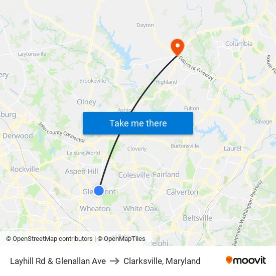 Layhill Rd & Glenallan Ave to Clarksville, Maryland map