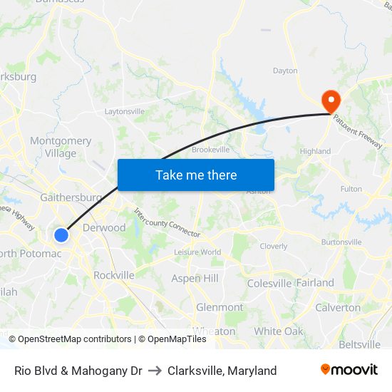 Rio Blvd & Mahogany Dr to Clarksville, Maryland map