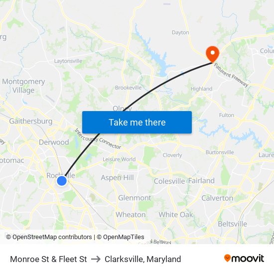 Monroe St & Fleet St to Clarksville, Maryland map