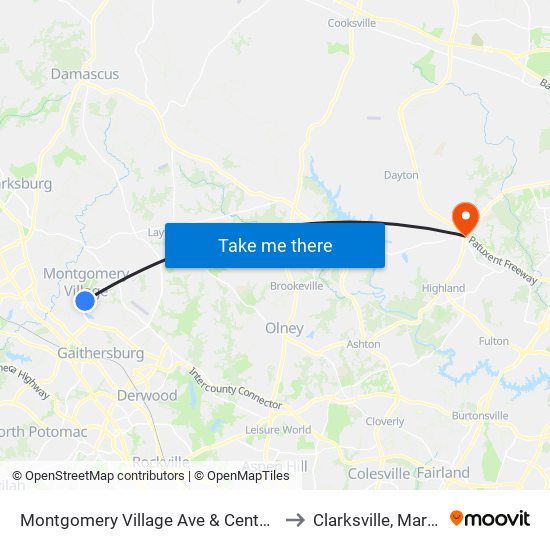 Montgomery Village Ave & Centerway Rd to Clarksville, Maryland map