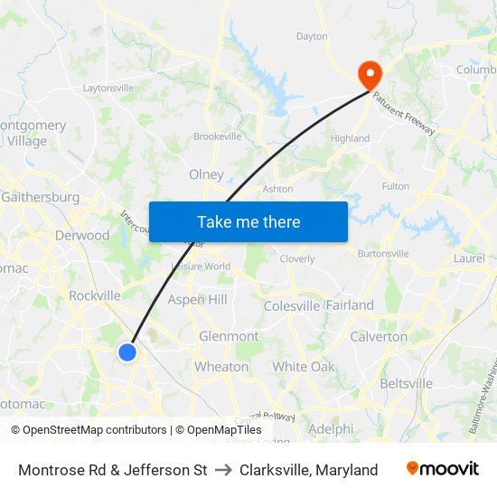 Montrose Rd & Jefferson St to Clarksville, Maryland map