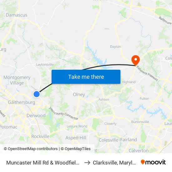 Muncaster Mill Rd & Woodfield Rd to Clarksville, Maryland map