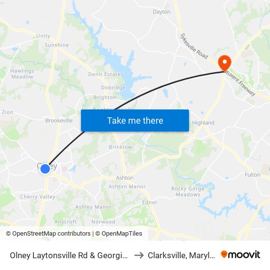 Olney Laytonsville Rd & Georgia Ave to Clarksville, Maryland map