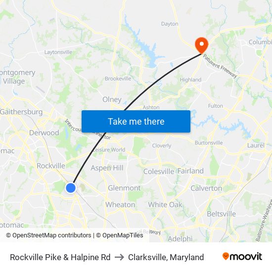 Rockville Pike & Halpine Rd to Clarksville, Maryland map