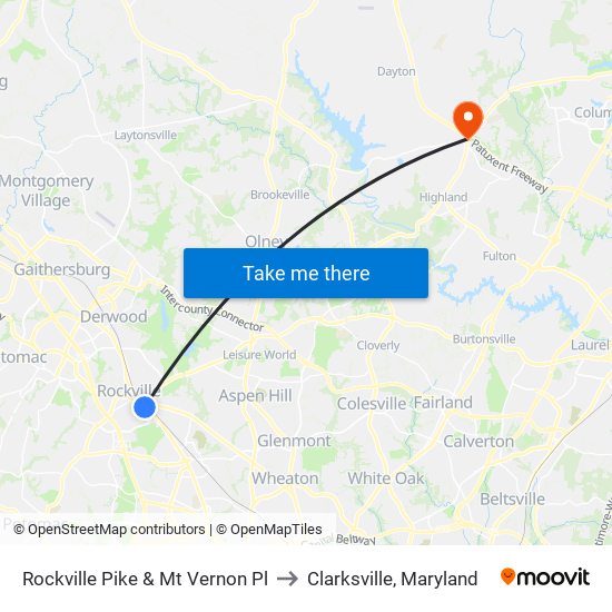 Rockville Pike & Mt Vernon Pl to Clarksville, Maryland map