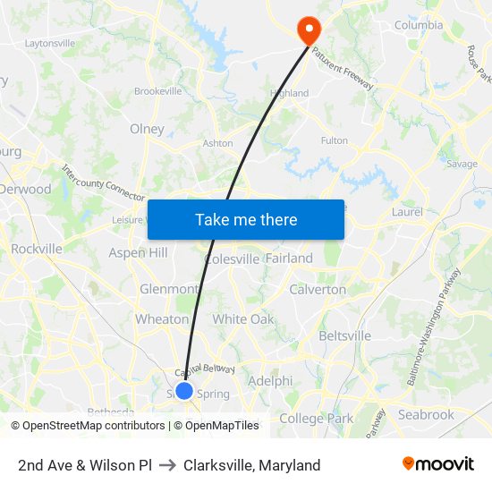 2nd Ave & Wilson Pl to Clarksville, Maryland map