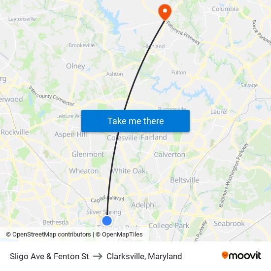 Sligo Ave & Fenton St to Clarksville, Maryland map