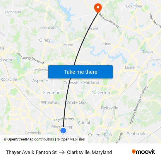 Thayer Ave & Fenton St to Clarksville, Maryland map