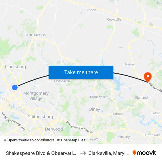 Shakespeare Blvd & Observation Dr to Clarksville, Maryland map
